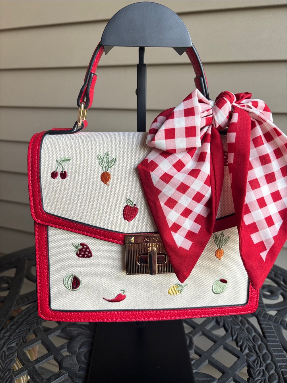 ALDO Red & Cream Fruit Embroidered Top-Handle Satchel Bag with Gingham Scarf/Bow